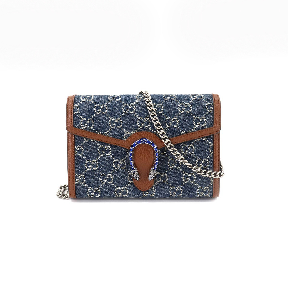 Dionysus Mini Chain Wallet Folio Long Wallet GG Jacquard Denim Leather Blue